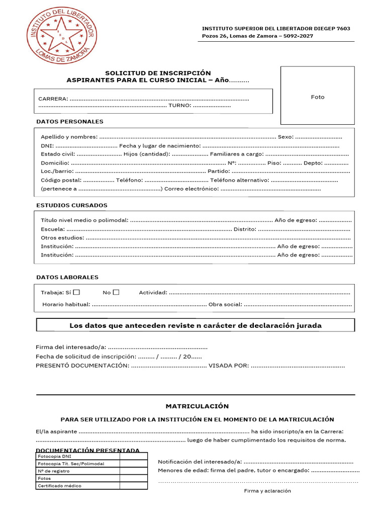 Ficha de Inscripción ISDL - Todas Las Carreras PDF | PDF | Documento de ...