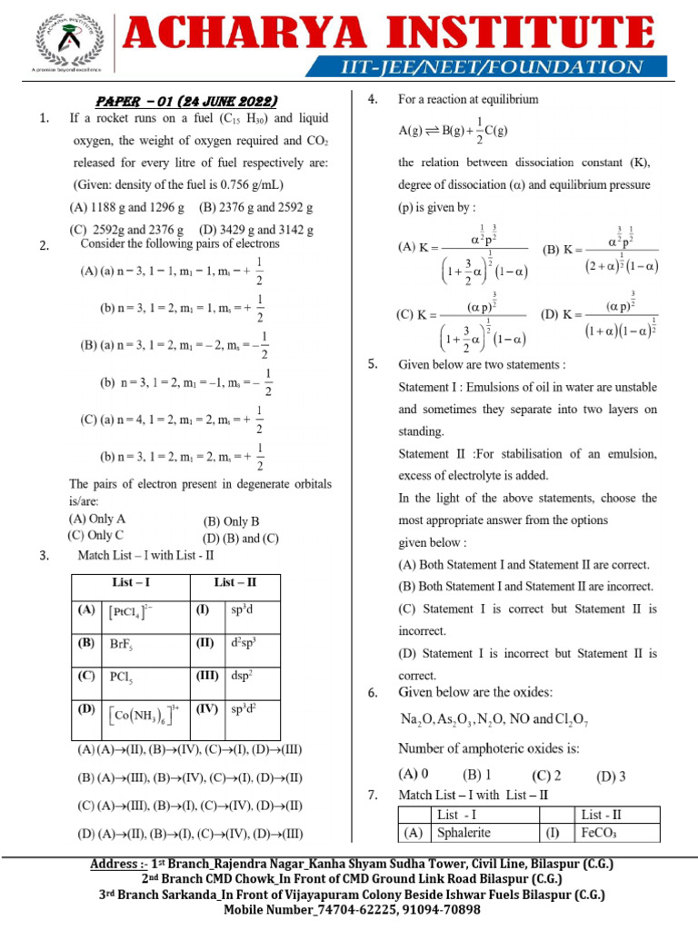 Test Paper Chemistry - 2022 | PDF | Chess Theory | Chess Openings