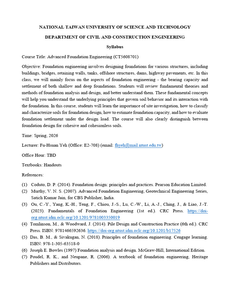 114-2 Advanced Foundation Engineering - Syllabus | PDF | Foundation ...