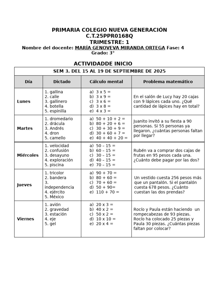 Semana 3 y 4 Tercer Grado Planeacion | PDF | Memoria | Salón de clases