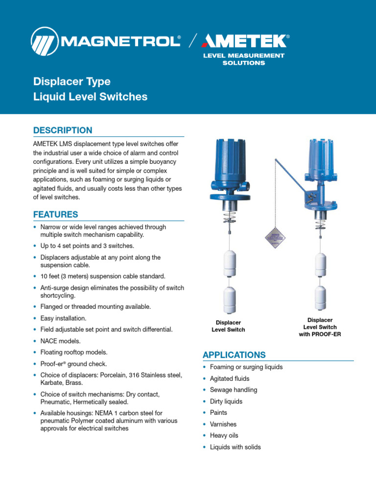 45-115 Displacer Type Liquid Level Switches | PDF | Buoyancy | Switch