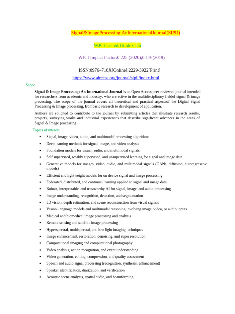 Signal & Image Processing: An International Journal | PDF | Computer ...