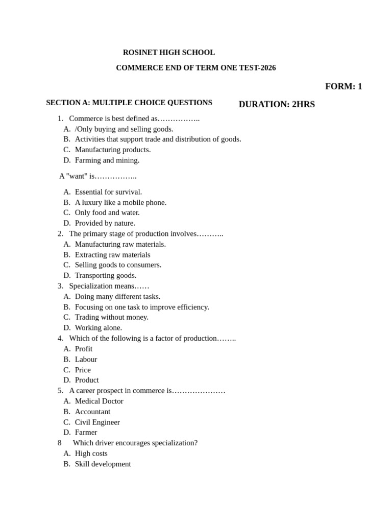 Commerce Form One Paper 1 | PDF | Commerce | Factors Of Production