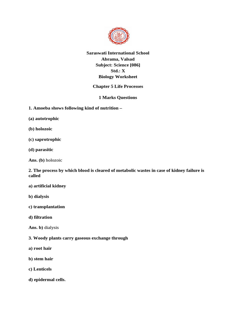 Worksheet X Ch-5 Life Processes Worksheet 2024-25 | PDF | Blood | Breathing