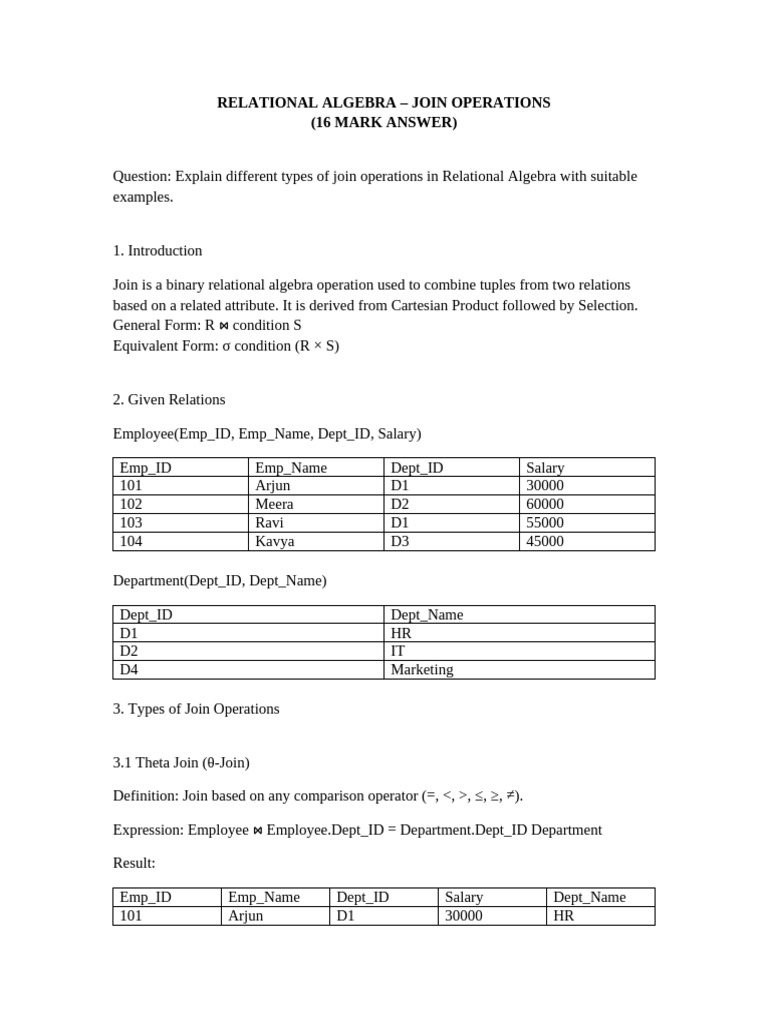 Relational Algebra Join Operations Anna University Format | PDF | Data ...
