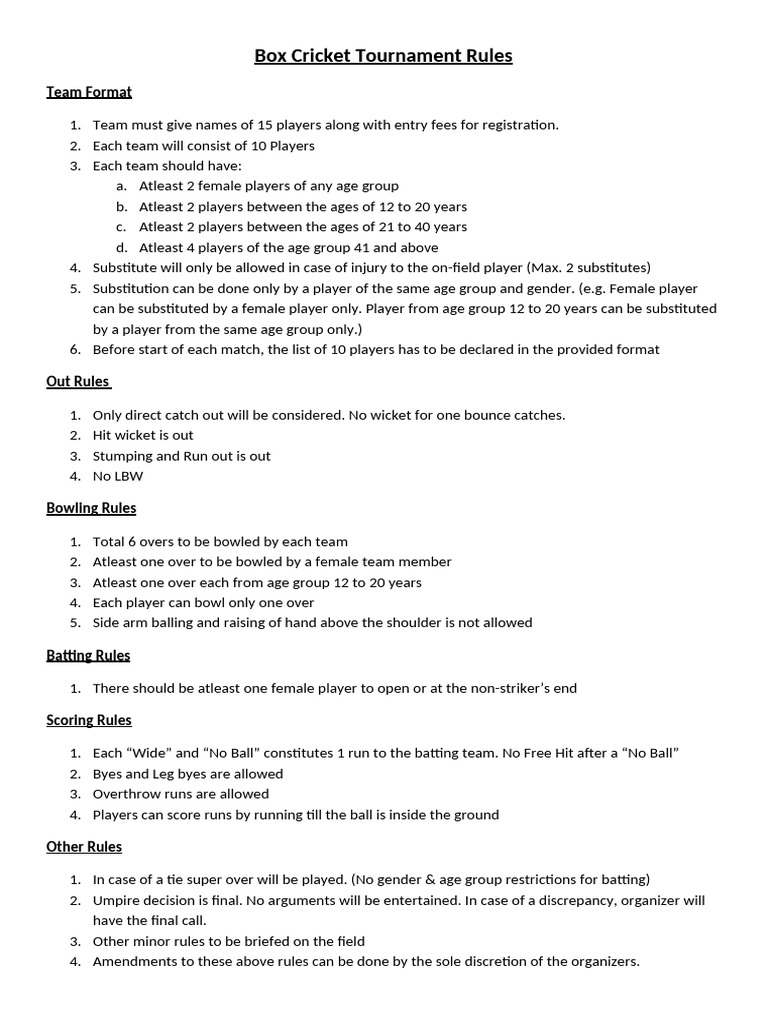 Box Cricket Tournament Rules | PDF