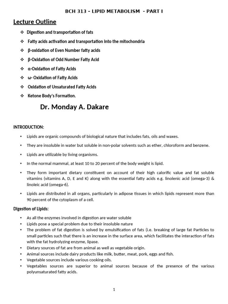 BCH 313 - Lecture Notes On Lipid Metabolism - Part I (2022-2023) | PDF ...