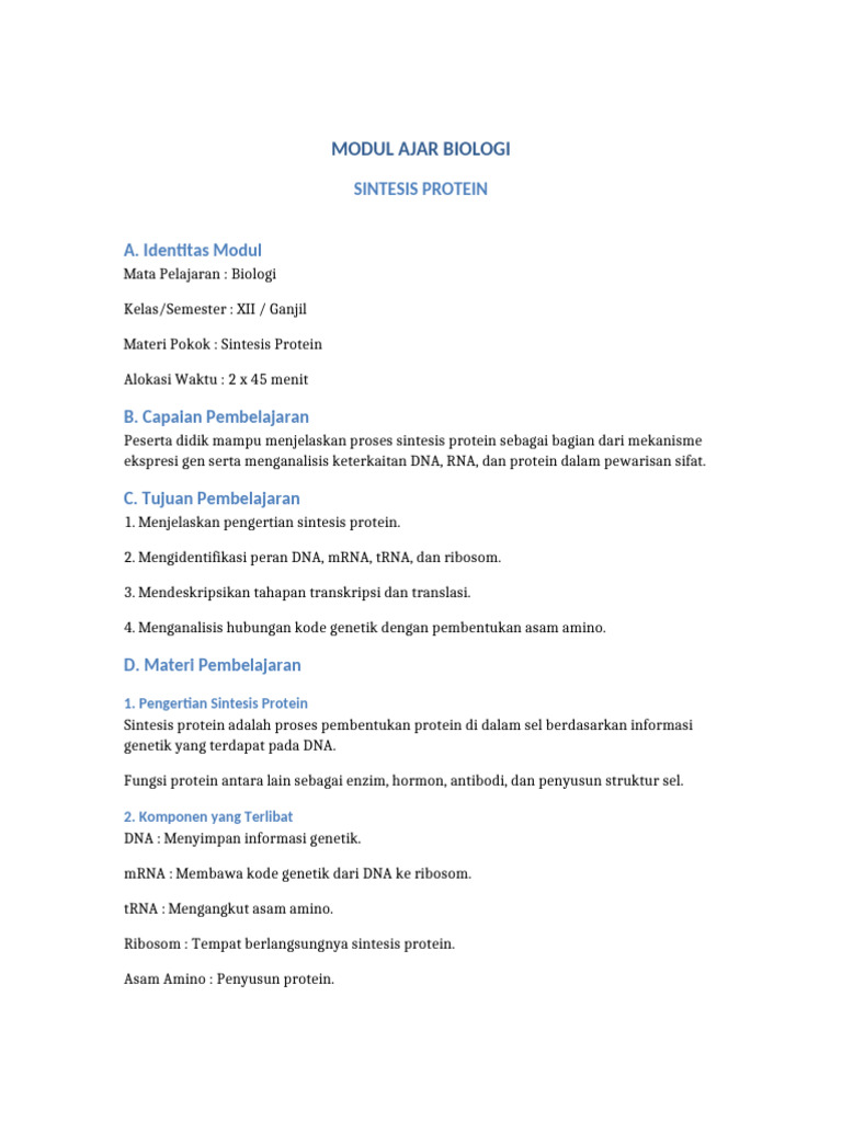 Modul Ajar Sintesis Protein | PDF