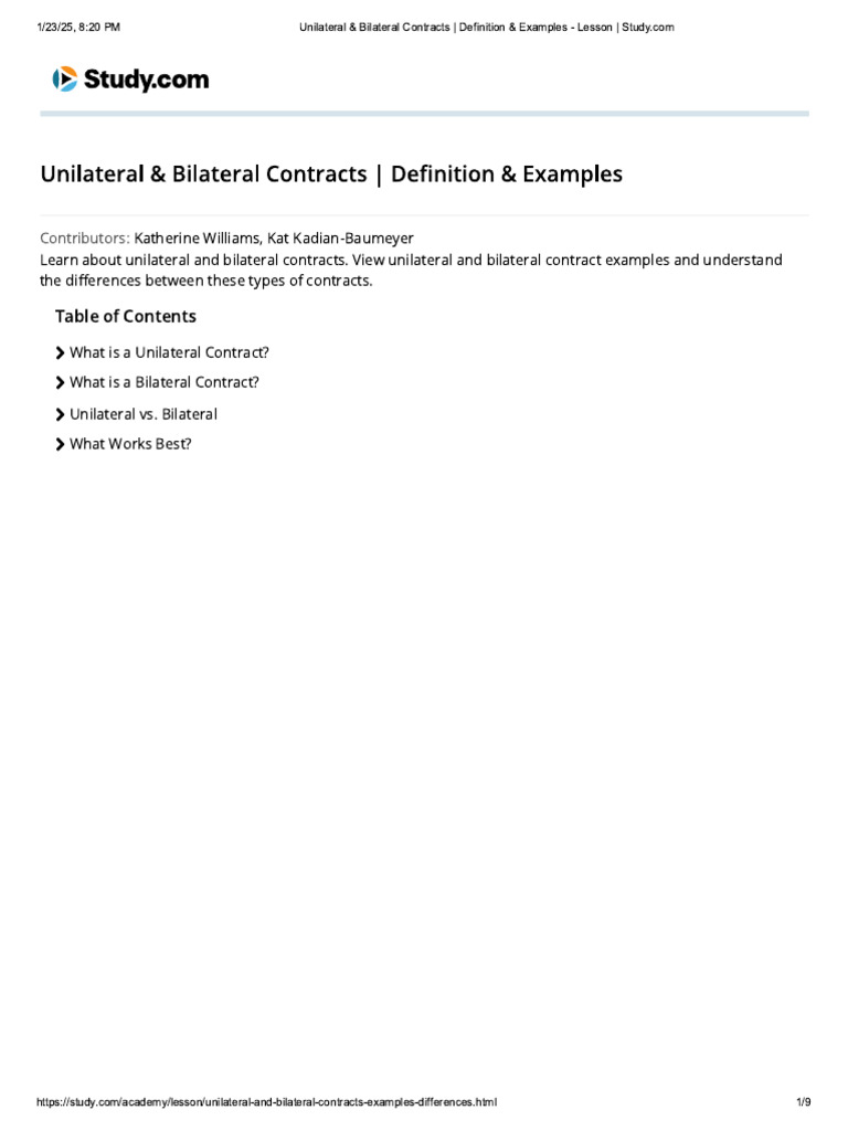 004 Unilateral & Bilateral Contracts - Definition & Examples - Lesson ...