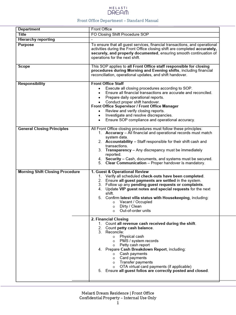 FO-10.02 FO Closing Shift Procedure SOP | PDF | Cash | Business