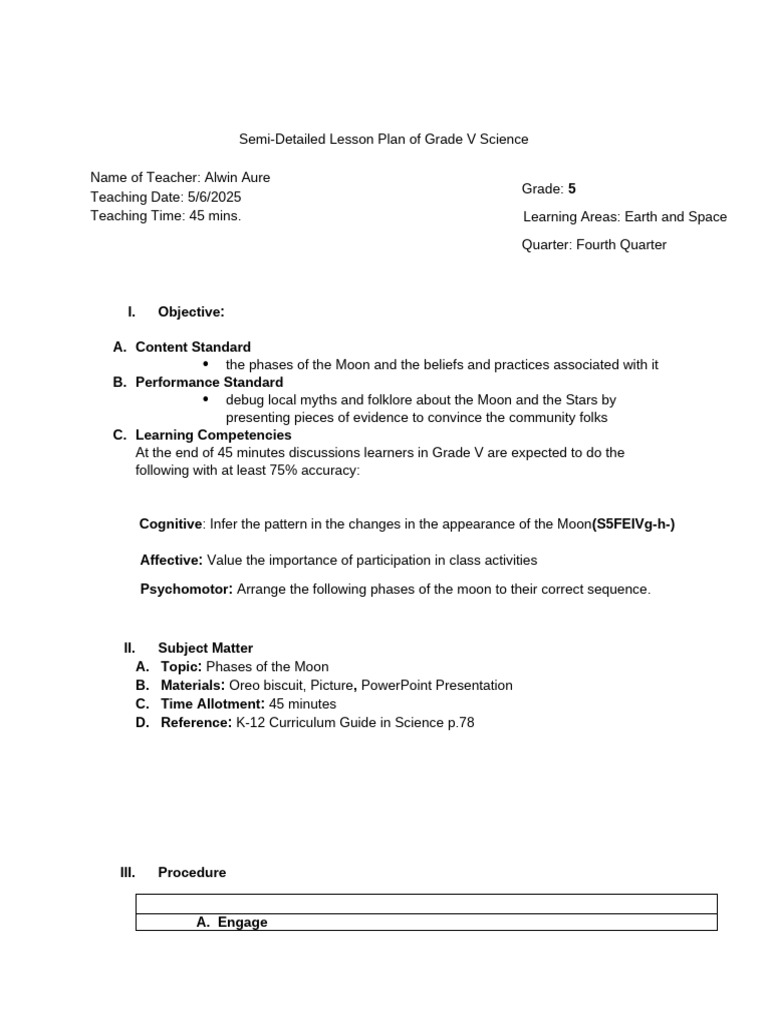 Semi-Detailed Lesson Plan - Phases of The Moon | PDF | Moon | Planetary ...