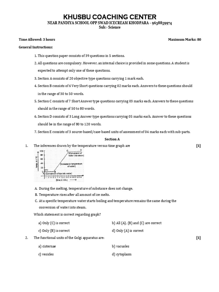Science Class 9 Sample Paper 1 | PDF | Tissue (Biology) | Mixture