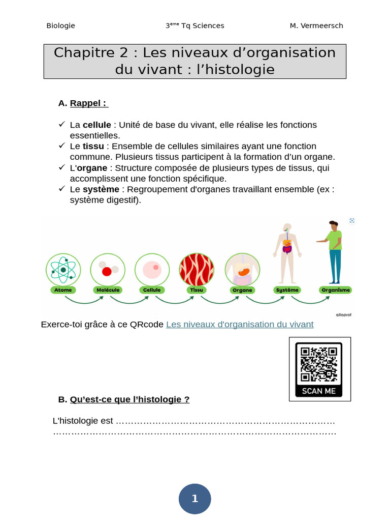 Chapitre 2 ELEVE Les Niveaux D'organisation Du Vivant Histologie | PDF ...