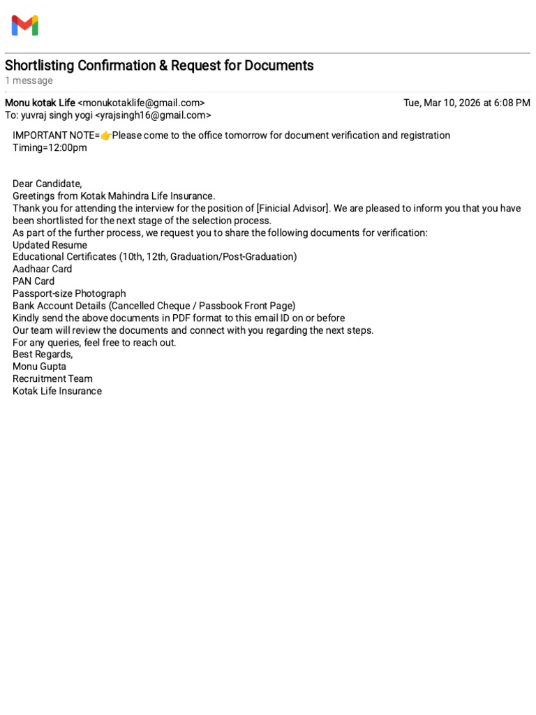 Gmail - Shortlisting Confirmation & Request for Documents | PDF