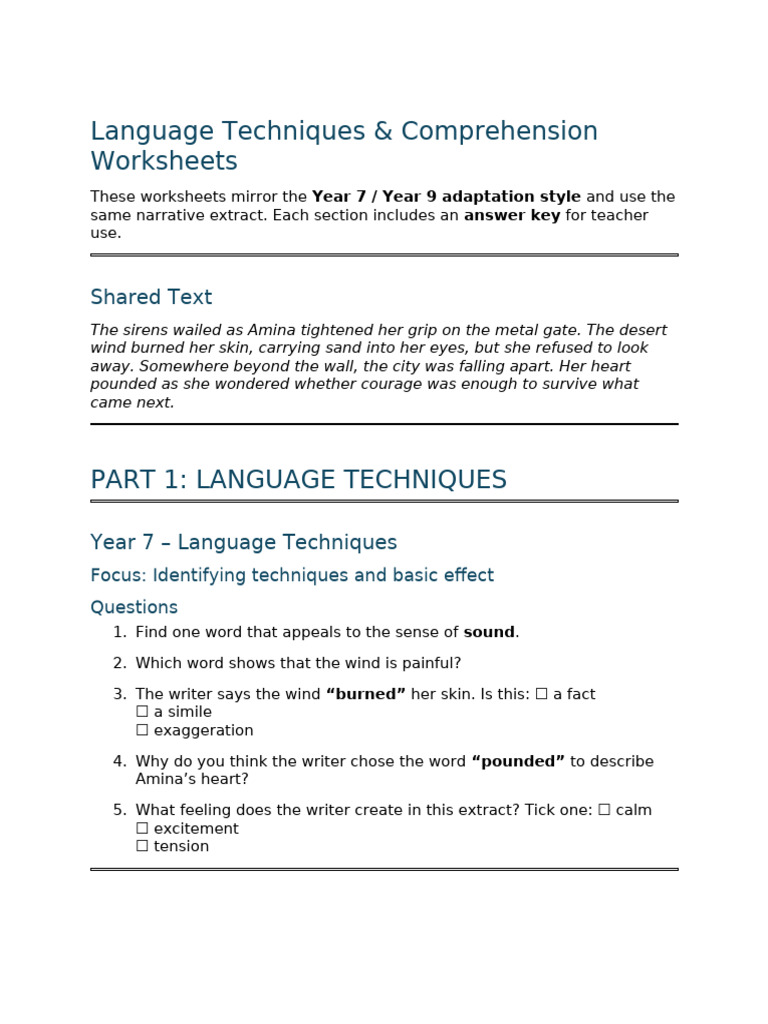 Language Techniques & Comprehension - Year 7 and Year 9 (With Answers ...