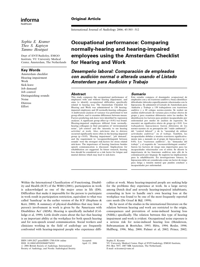 Kramer Et Al. 2006 Hearing Loss Medical