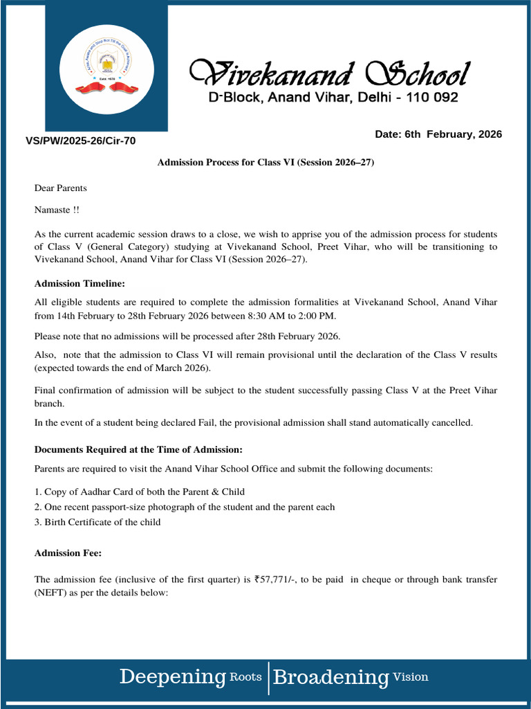 Admission Process For Class VI (Session 2026-27) | PDF | Payments