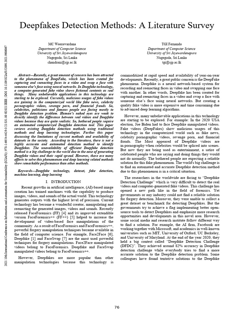 Deepfakes Detection Methods A Literature Survey | PDF | Deep Learning ...