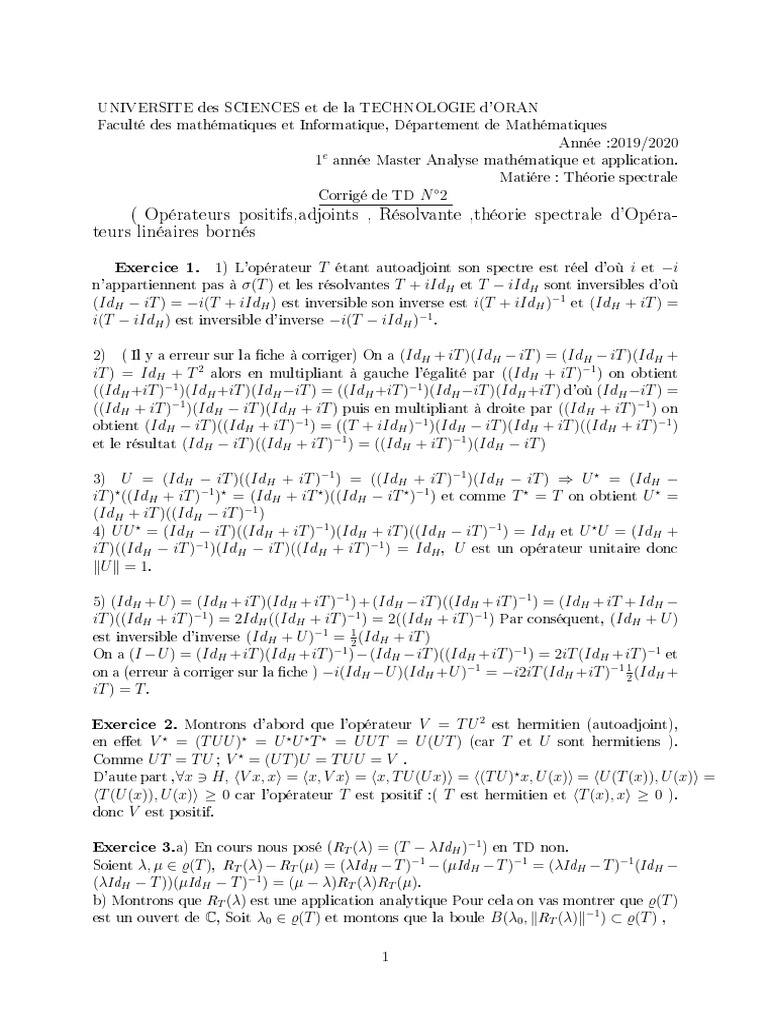 Corrigé TD 2 Théorie Spectrale 2020 (Suite) | PDF | Théorie spectrale ...