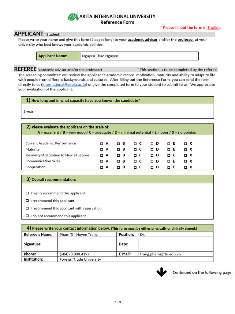 Reference Form From Academic Advisor | PDF
