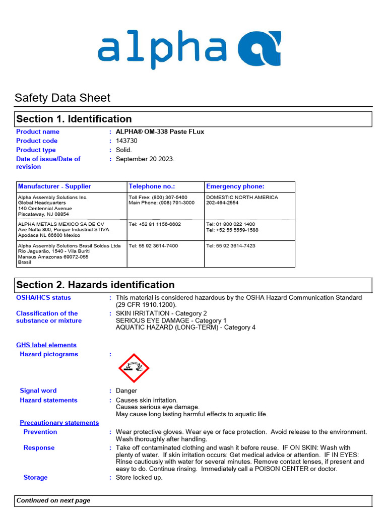 Alpha Assembly SDS GHS Americas - English (Us) | PDF | Toxicity | Waste