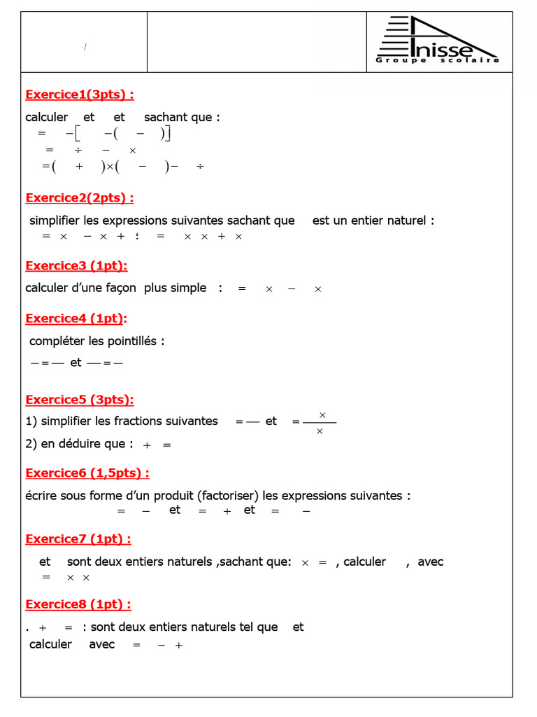 Devoir 1 Maths 1college 1er Semestre Sections Internationales Option ...