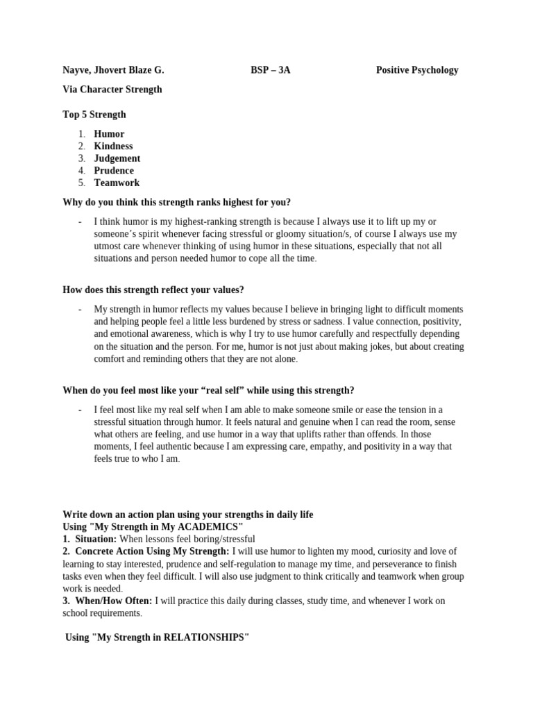 Via Character Strength Activity - Nayve | PDF | Humour | Psychological ...