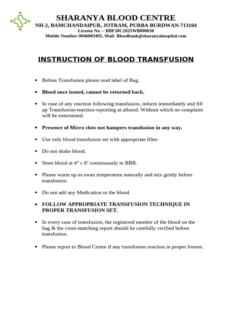 Instruction of Blood Transfusion SBC | PDF