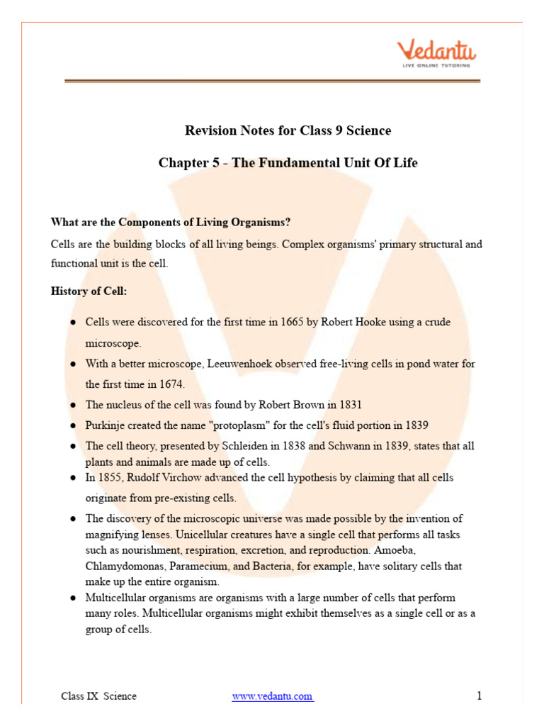 The Fundamental Unit of Life Class 9 Science Notes - Free PDF | PDF ...