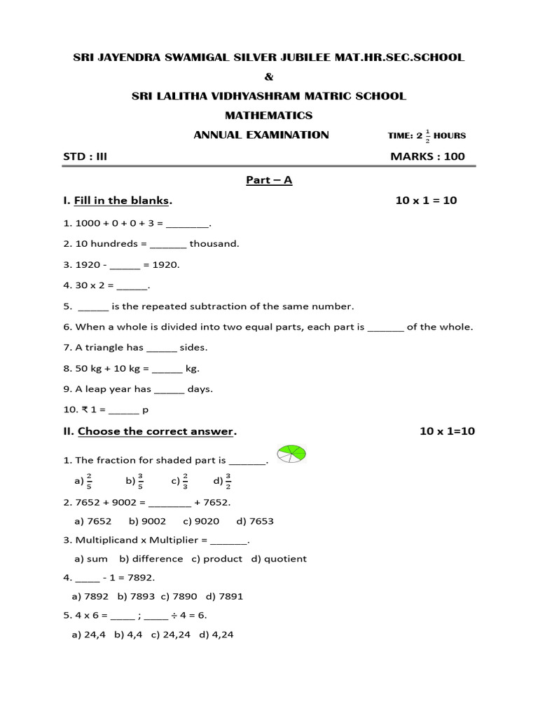 3rd STD Annual Questions | PDF | Mathematics | Arithmetic