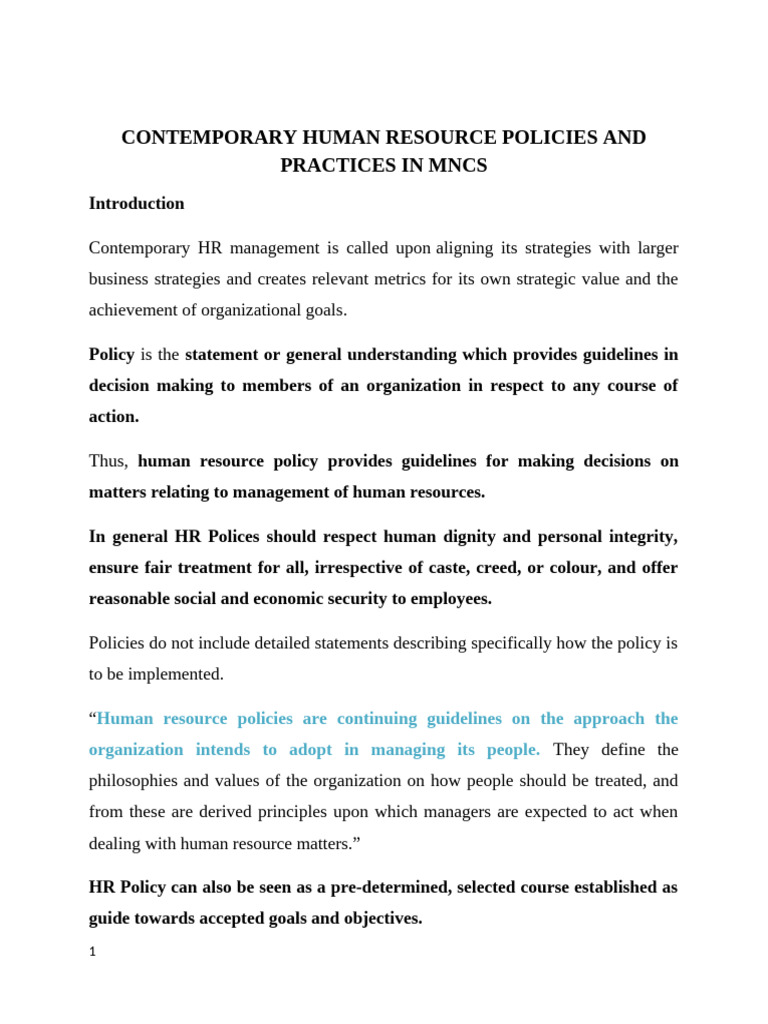 CONTEMPORARY HUMAN RESOURCE POLICIES AND PRACTICES IN MNCS | PDF ...