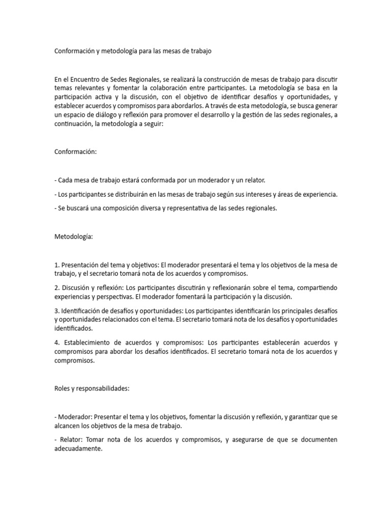 Conformación y Metodología para Las Mesas de Trabajo | PDF
