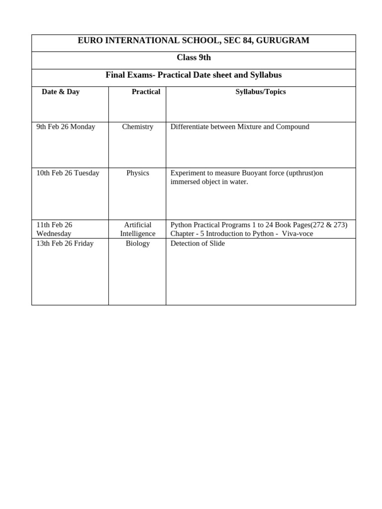 Grade 9 Practical Datesheet Final Examination | PDF