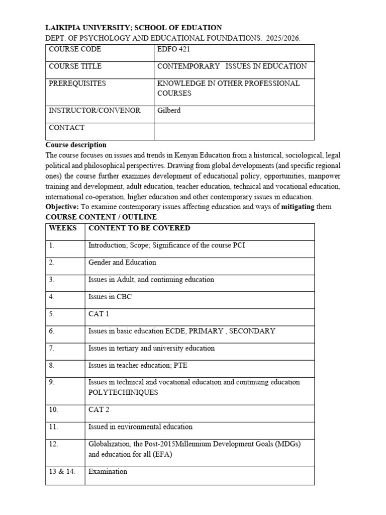 EDFO 421 Course Outline & Lesson 1 | PDF | Teachers | Mental Health