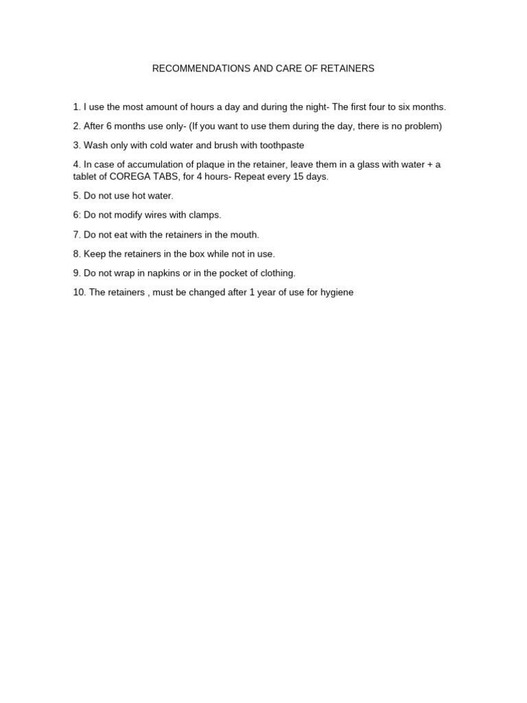 Recommendations and Care of Retainers | PDF