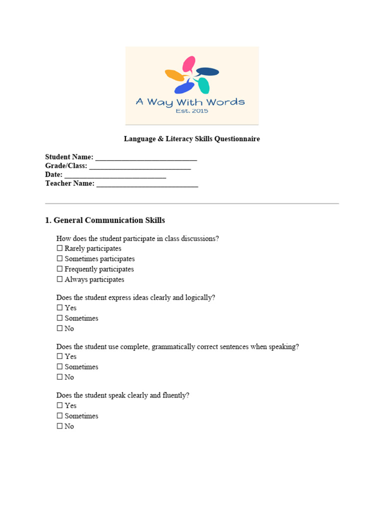 Teacher Questionnaire- Elementary | PDF | Applied Linguistics ...