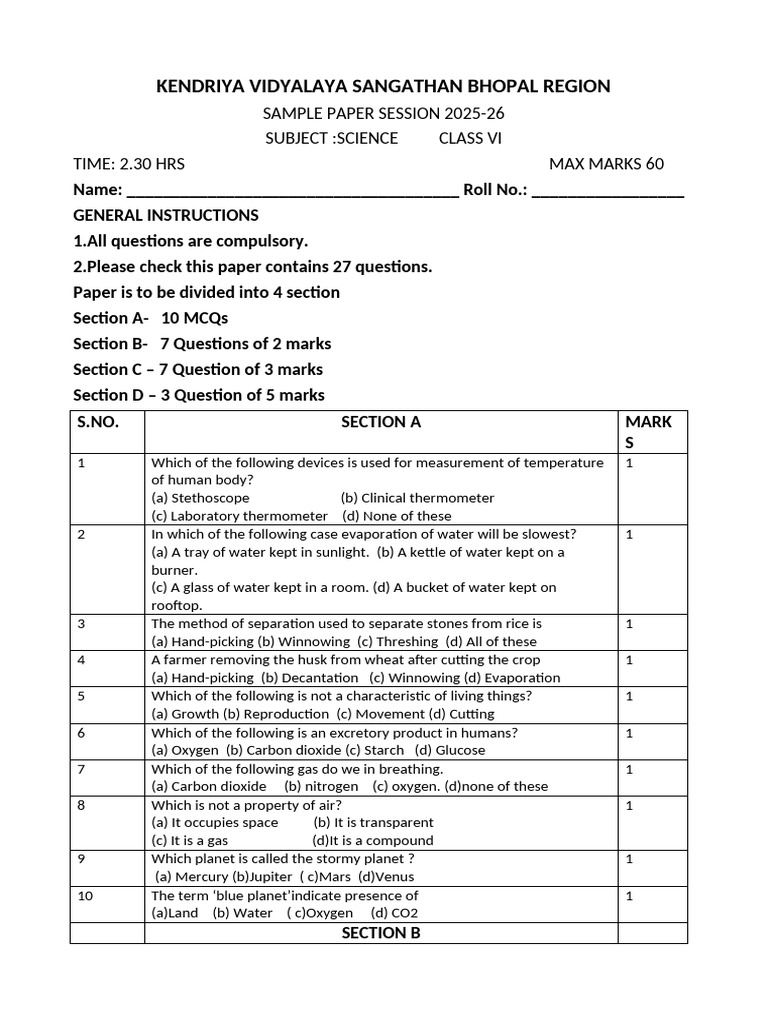 Class 6 Science Sample Paper 25-26 | PDF | Space Exploration | Water