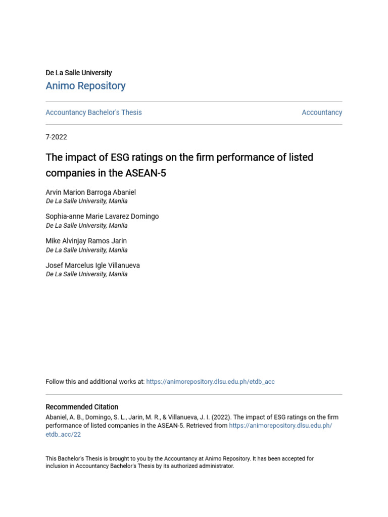The Impact of ESG Ratings on the Firm Performance of Listed Compa 1 ...