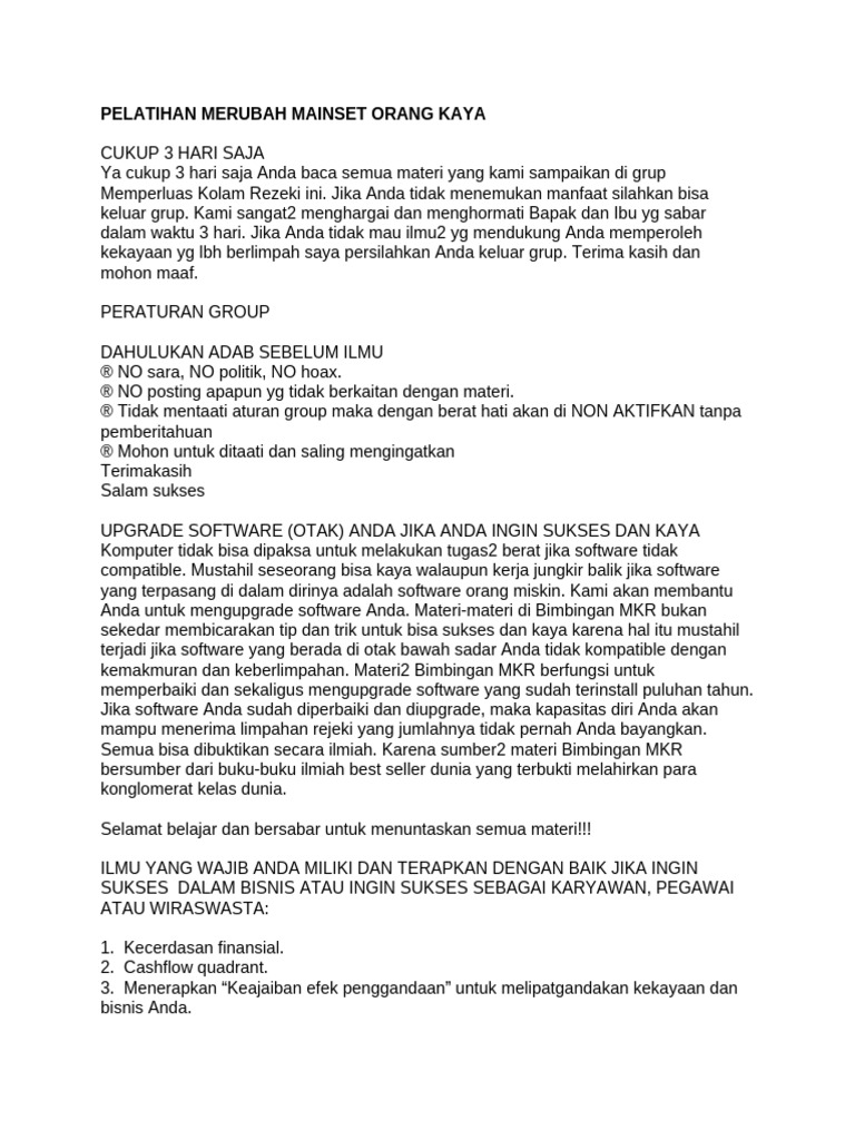 Pelatihan Merubah Mainset Orang Kaya | PDF