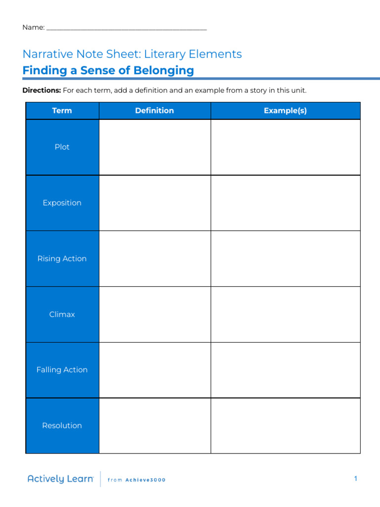 ELA 6 Finding a Sense of Belonging Literary Elements Note Sheet | PDF