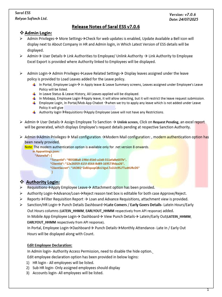 Release Notes of Saral ESS v7p06 | PDF | Software | Computing