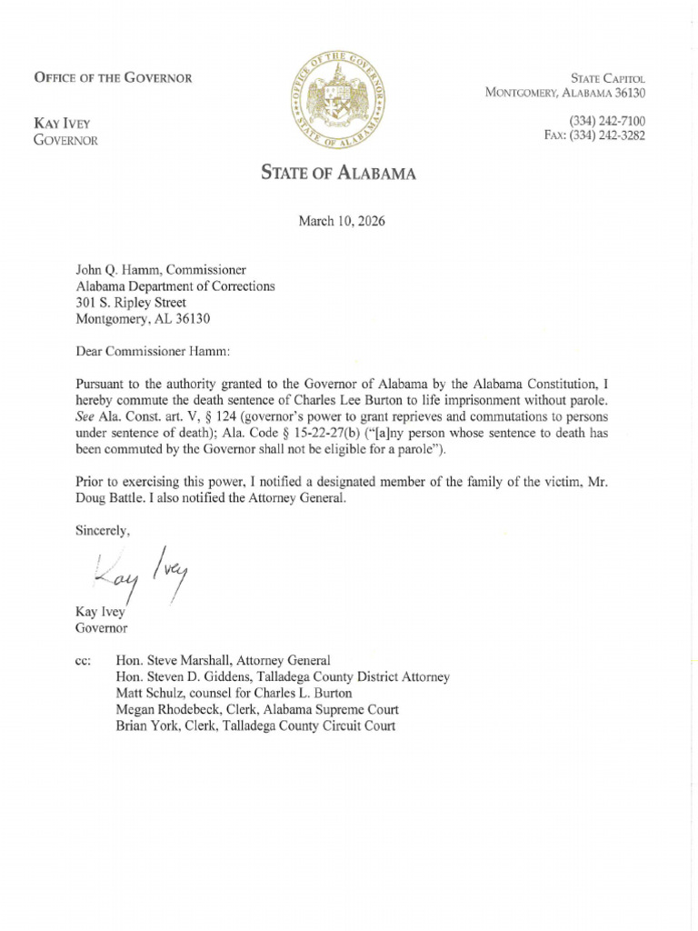 Gov Kay Ivey Letter Commuting Charles Sonny Burton's Death Sentence | PDF