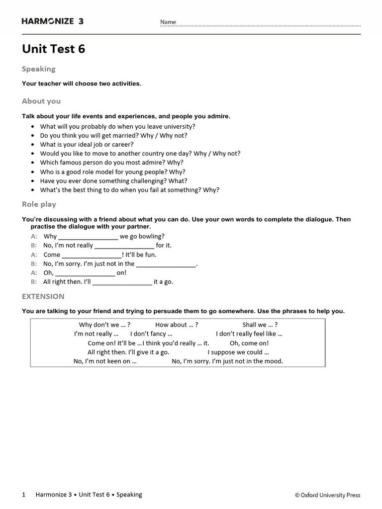 Harmonize 3 Unit 6 Test Speaking | PDF