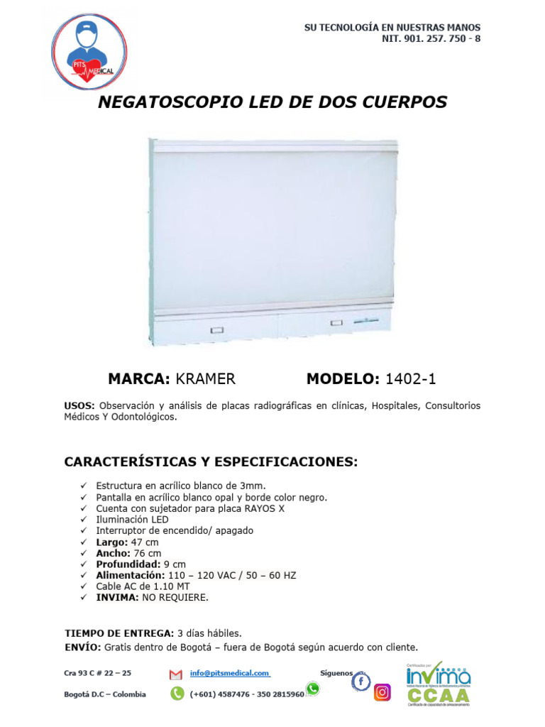 Ficha Técnica - Negatoscopio LED de 2 Cuerpos - KRAMER | PDF