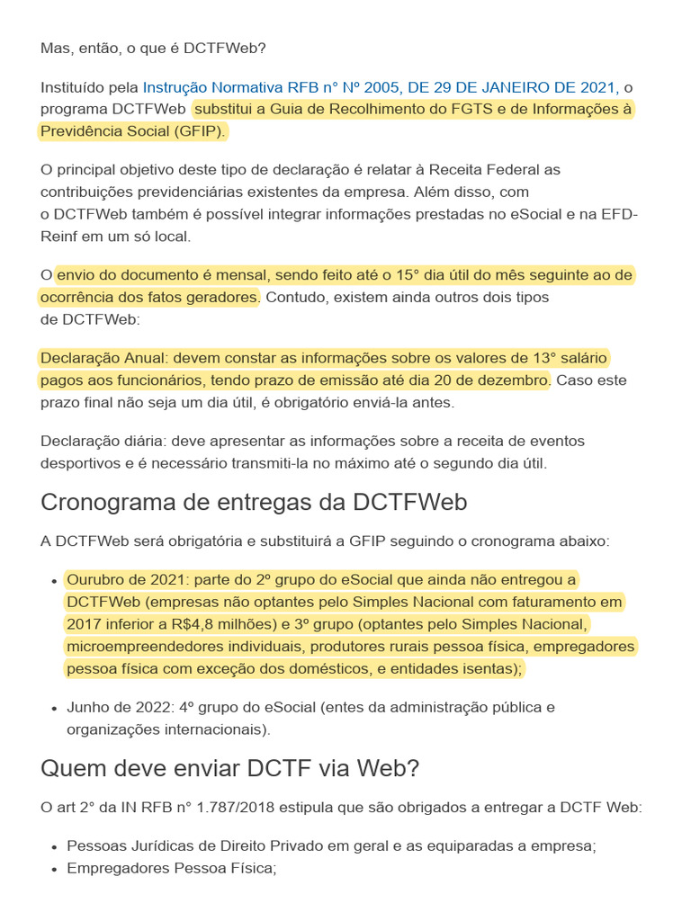 DCTFWeb - o Que É, Obrigatoriedade e Prazo de Envio | PDF
