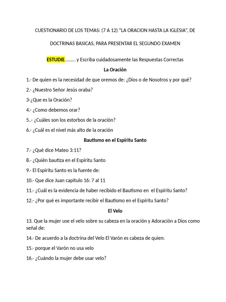 Segundo Cuestionario Primer Examen Doctrinas Básicas | PDF