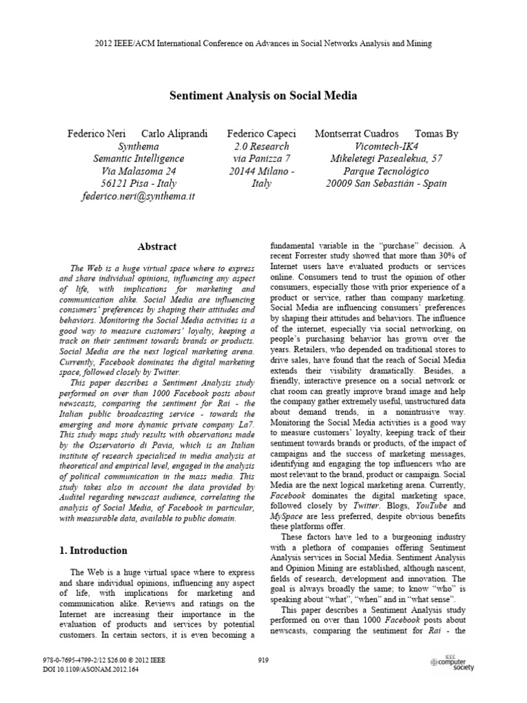 Sentiment Analysis On Social Media | PDF | Parsing | Semantics