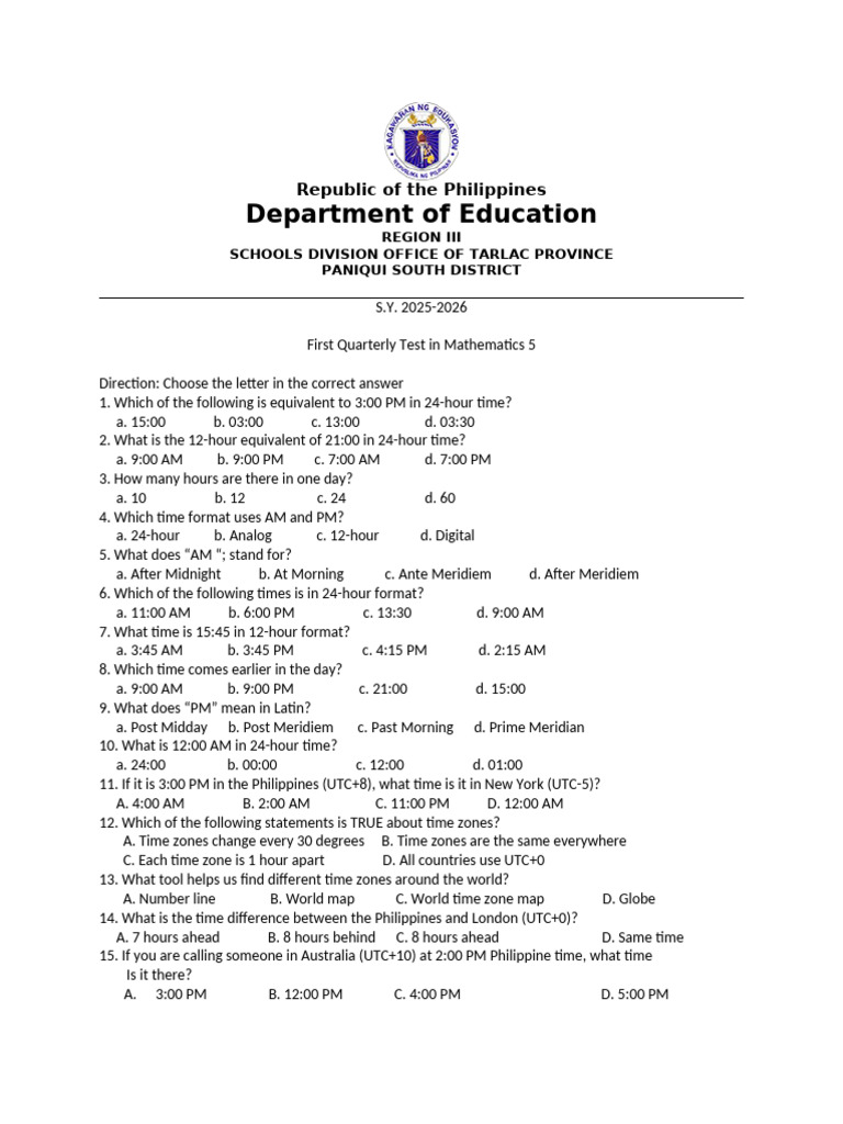 Math 5 1st QRT 25 26 Test Paper | PDF | Area | Elementary Geometry