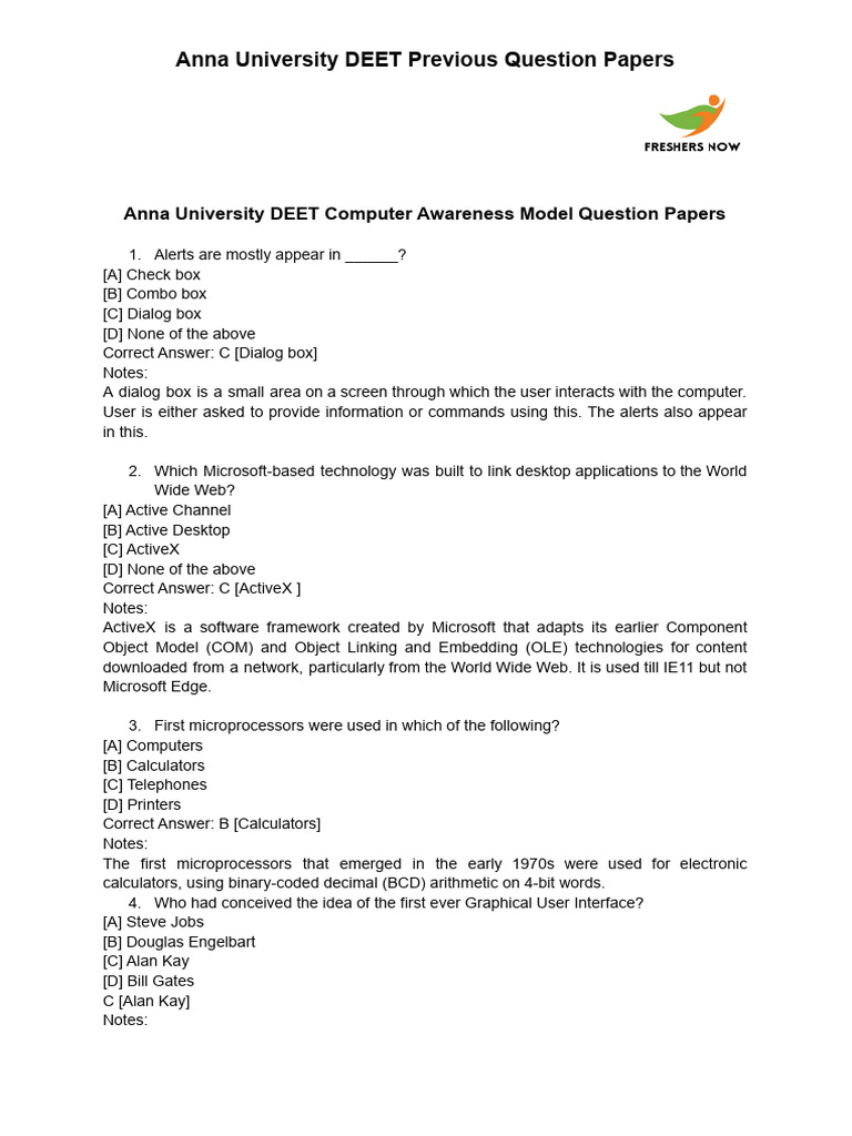 Anna University DEET Computer Awareness Model Question Papers | PDF ...