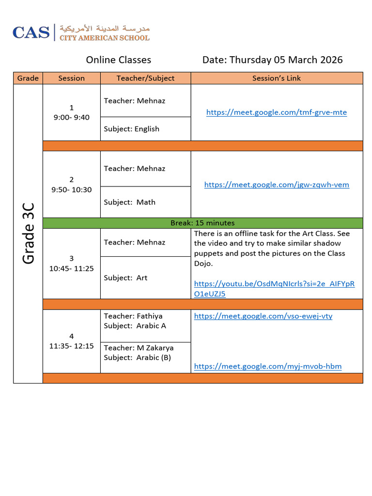 Grade 3C Online Classes Schedule- Thursday | PDF